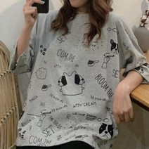 페이퍼먼츠 여성용 라운드넥 루즈핏 미니 레터링 캐릭터 디자인 7부 티셔츠 13670