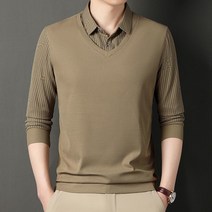 besteffie 봄 가을 중년 남성 카라티 레이어드 티셔츠 세로 스트라이프 오버핏 빅사이즈 긴팔티 데일리 A15
