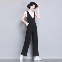 FANSYLI 여성 조추 점프슈트 블랙 멜빵바지 통바지 와이드 9부 팬츠230719F04