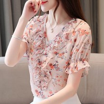 포린박스 브이넥 레이스 러플 꽃무늬 쉬폰 블라우스 SH
