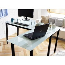 디자인 오피스용 컬러 강화유리스틸 L자책상(2색) 고학년 1인 대표실 좋은, 프레임흰색_유리블랙