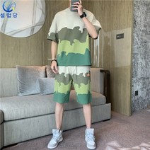 셀럽당 여름 남성 캐주얼 카모플라쥬 세트 반팔 반바지 남성복 1세트 멋스러운 트레이닝 투피스
