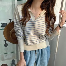 오픈 카라 스트라이프 니트티