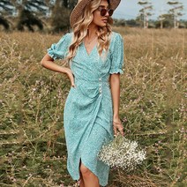 여성 2022 년 봄 새로운 v-neck 짧은 소매 스커트 싱글 브레스트 긴 프린트 드레스 도매