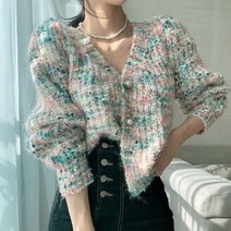 크롭 가디건 볼레로 숄 퍼 니트 집업 여성 귀엽고 세련된 V 넥 진주 단추 긴 소매 캔디 컬러 의류 스웨터 코트