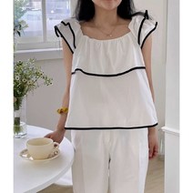 [사진찍기좋은] 러블리 배색 프릴 크롭 면 블라우스 민소매 나시