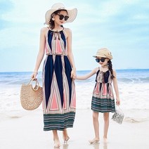 모녀커플룩 아기랑 엄마아기 아이와 엄마랑딸 커플룩 어머니 키즈 여름 옷 비치 드레스 가족 일치하는 팜