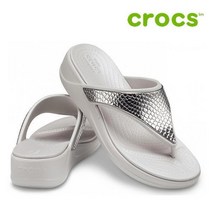 크록스 웨지 샌들 39- 206303-0GO Womens Crocs Monterey Metallic Wedge Flip Silver Platinum