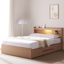 바로방가구 샤인 LED 수납형 서랍형 슈퍼싱글 퀸 침대 프레임, 오크