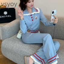 vsyoy 니트 수트 2023 새로운 여성 가을 시대-웨스턴 스타일 달콤한 대학 소녀의 하이 엔드 와이드 레그 바지 투피스 세트
