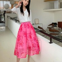 벌룬 스커트 쉬폰 에이라인 정장 핀턱 롱 햅번 치마 핑크 레이스 Q50