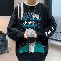 일본 만화 라운드 넥 스웨터 남성 가을 힙합 원 숄더 긴팔 티셔츠 조수 브랜드 느슨한 옷 코트