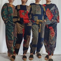 겨울 긴팔 화사한 기모 나염 항아리 바지 상하 세트 따뜻한 안감기모 생활한복 계량한복 느낌 상하세트 엄마 할머니 홈웨어 마실 상하세트 작업복 허리밴딩 고무줄 배기 바지 세트