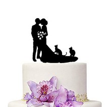 Wedding Cake Toppers Bride and Groom With Cats Animal Black Color Acrylic Silhouette Wedding Party E, 1