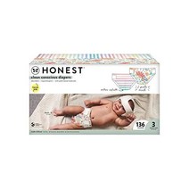 The Honest Company 클린 컨셔스 기저귀 | 식물 기반의 지속 가능한 | 레인보우 스트라이프 + 플라워 파워 | 슈퍼 클럽 박스 크기 3(16-28파운드) 136개, 사이즈 3