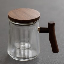 MORE호두나무 머그잔 티포트형 찻잔 우드핸들 손잡이 내열유리 엔티크 빈티지 사무실 홈카페, 호두나무 유리컵