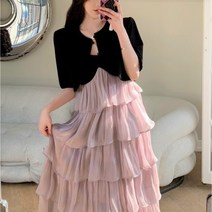 에브리바레 [자켓원피스] M-4XL 프시케 체형커버 캉캉 프릴 쉬폰 여자 빅사이즈 뷔스티에 나시 롱원피스 자켓 투피스