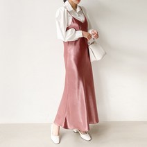 끈 조절 슬림 이너 나시 실크 뷔스티에 새틴 롱원피스 4컬러 핑크 브라운 베이지 블랙