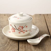 차왕무시 차완 일본 계란찜 그릇 세라믹 식당 접시 시리얼 요거트볼 볼 뚜껑 푸딩컵 된장국 자왕 보울, 홍매조림잔 세트