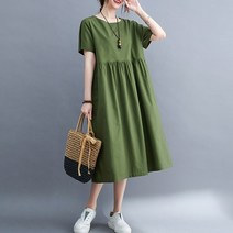빅사이즈 여름 시원한 라운드넥 면 린넨 루즈핏 반팔 롱 원피스