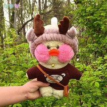 PKTOYS DIY 볼 빵빵오리 인형 오가닉 애착 귀여운 오리인형 크리스마스 명절 선물, 말차 녹색 뿔 갈색 곰 머리 스웨터 안경 깊은 가방