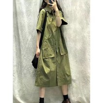 urkoteer 면마 빅포켓 셔츠치마 여성 반팔 카고 루즈핏 원피스 L-2023325