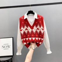 위위브렌 여성 심플 컴포트 물결무늬 브이넥 베스트 조끼