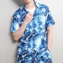 용감한부부 에딘버러 하와이안셔츠 반팔 비치셔츠 블루나뭇잎 35A 95~110사이즈