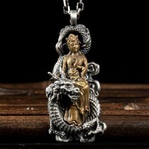 부처님 석가모니 불상 염주 Mens Vintage Dragon Bodhisattva Buddha Pendant Necklace Charm Buddhist Amulet Jewelry, Gold