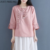 JUST FEEL!NG 봄 여름 여성 7부 반팔 자수 면마 셔츠 빈티지 라운드 넥 매듭 단추 캐릭터 남방 상의
