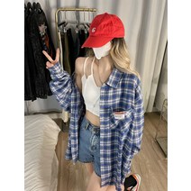 로브가디건 이효리로브 황금가면 블루 체크 무늬 라벨 샌딩 셔츠 모든 경기 느슨한 긴팔 중간 길이 코트 탑 여성 90