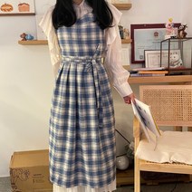베러바이즈 여성용 체크 패턴 무늬 원피스형 다용도 러블리 앞치마, 01 블루, 1개