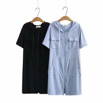 M-4XL 앞지퍼 후드 원피스 반팔 자켓 여자 빅사이즈옷 여름 캐주얼 롱원피스 꾸안꾸룩