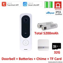 스마트초인종 Tuya 스마트 WiFi 지원 비디오 초인종 IP55 야외 무선 오디오 135 ° 시야각 배터리 도어 벨 카메라 부저 사이렌 소리, Option 2 - 영국 플러그