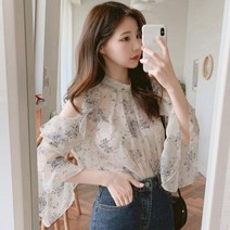 여성 오픈숄더티 오프숄더 블라우스 프릴쉬폰 하늘비즈 C31 W013D017