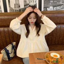 포린박스 루즈핏 브이넥 A라인 프릴 무지 린넨 면 블라우스 SY