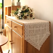 복고풍 콘솔 커버 뜨개 패브릭 면 레이스 테이블 러너, 폭 40cm x 길이 1m, 베이지색 라지 체크