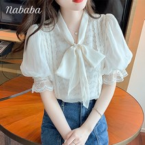 나바바 NB797 여성 러블리 퍼프 레이스 리본 반팔 블라우스