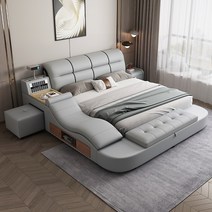 가정용 전동침대 리클라이너 병원 침대 지능형 다기능 마사지 다다미 가죽 현대 간단한 마스터 침실 킹 1.8 미터 더블 웨딩, [01] 1500mm*2000mm, [01] 침대 옆 탁자 매트리스가 없는 일반 침대, [01] 뼈대