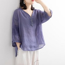 빅사이즈 여성 브이넥 린넨 블라우스 셔츠 루즈핏 티셔츠 봄여름