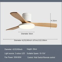 천장선풍기 실링팬 거실 LED 조명 미니 날개 팬조명 및 원격 제어 가역 모터가 있는 가벼운 로우 프로파일 나무 천장 팬 램프가 플러시 마운트, 흰색 갈색 곰팡이, 52인치 132cm, 벽 통제
