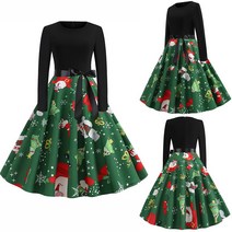 브랜드없음 여자 빈티지 프린트 긴팔 브이넥 크리스마스 이브닝 파티 스윙 드레스