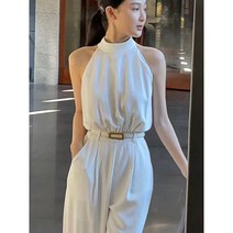 urkoteer 홀터넥 점프수트 여 화이트 민소매 버클 여성 와이드 팬츠