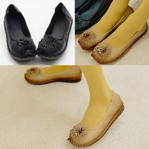 벨루치슈즈 여성 천연소가죽 코사지 리본 2.5cm 통굽 발편한 엄마 중년 고무창 밴딩 단화 플랫슈즈
