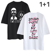 2장세트 1+1 5부 오버핏 반팔티 썬글남녀+사운드뮤직 남녀공용 반팔 티셔츠