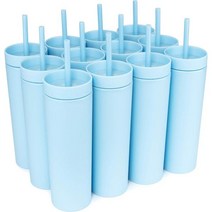 STRATA CUPS Periwinkle 뚜껑과 빨대가 있는 스키니 텀블러 (12팩) 473 2ml(16온스) 이중벽 아크릴 톨 매트 무료 빨대 클리너가 벌크 재사용 가능한 컵 미, 페리윙클.