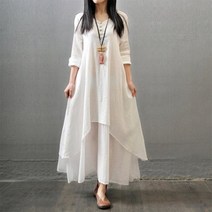2022 새로운 봄 가을 여성 레저 문학 큰 장소 린넨 드레스 느슨한 긴 소매 코튼 대마 긴 드레스