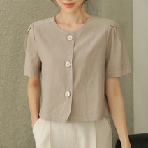 스타일아유 여름 라운드넥 퍼프 소매 반팔 여성 린넨 크롭 숏 자켓 2컬러