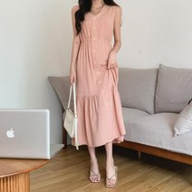 바보사랑 여자 린넨 브이넥 민소매 롱 원피스.옷자락(무료배송)