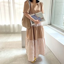 네모엔룩 여성용 배색체크캉캉 루즈핏 스퀘어넥 빅사이즈 체크 롱 원피스